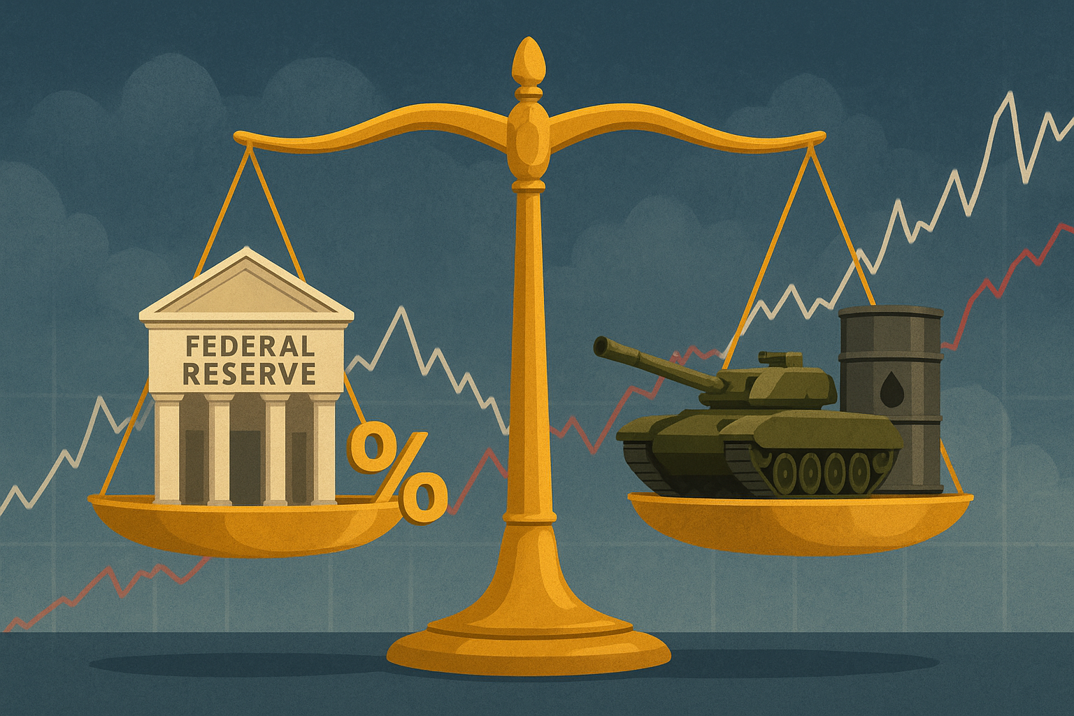 Illustration of golden balance scales weighing global markets against geopolitical conflict with storm clouds in the background.