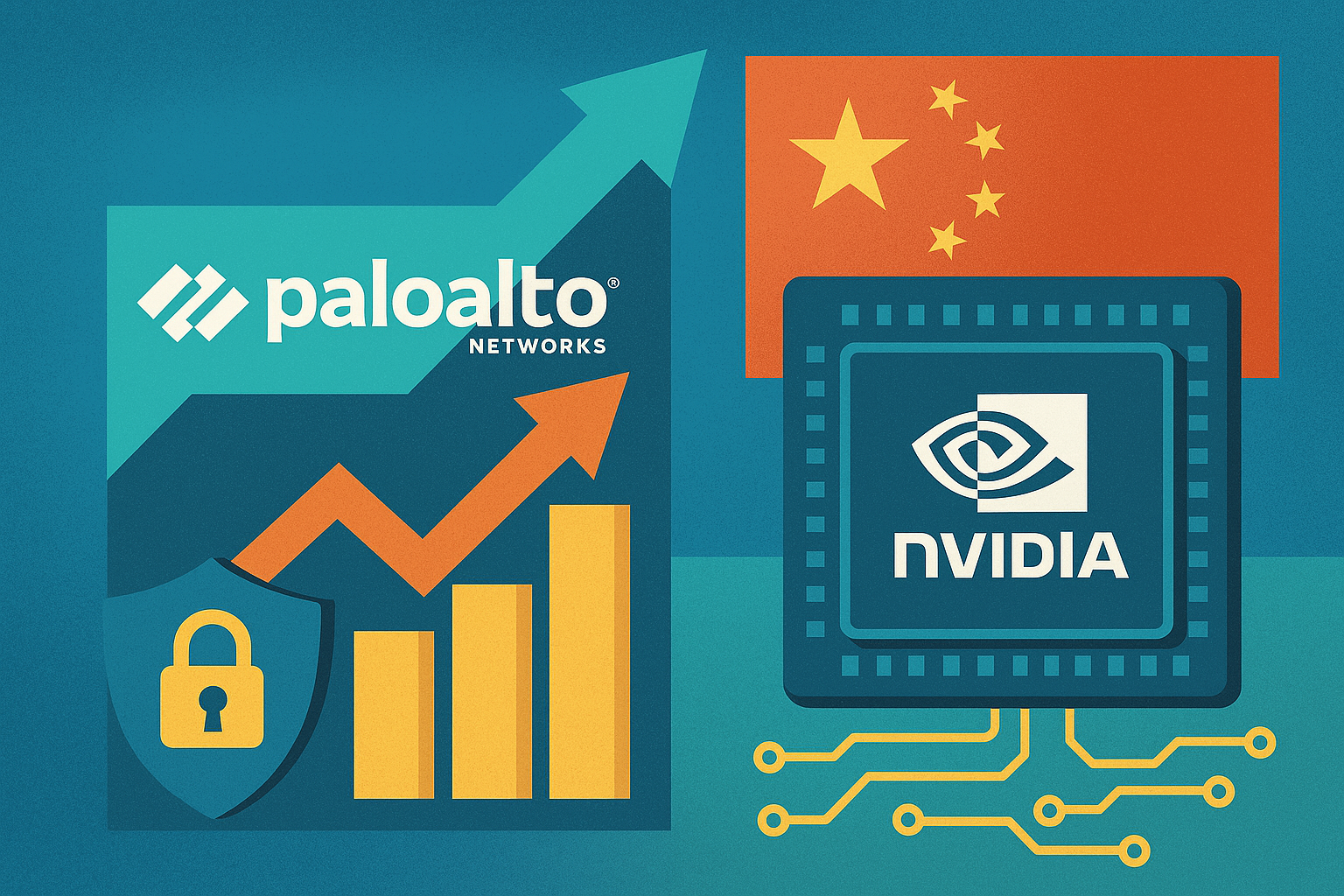 Illustration showing Palo Alto Networks' cybersecurity growth with rising charts and a shield, alongside Nvidia’s AI chip with circuit patterns and the Chinese flag.