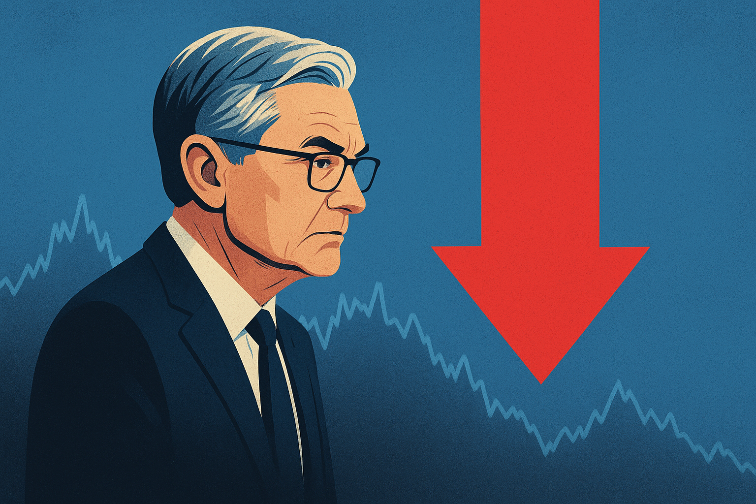 Illustration of Federal Reserve Chair Jerome Powell beside a red downward arrow and falling stock chart, symbolizing market correction risks.