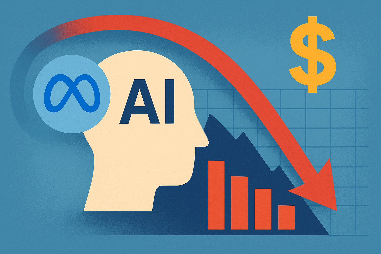 Illustration showing a silhouette head labeled “AI” with the Meta logo, a descending red arrow, bar charts, and a dollar sign symbolizing financial market decline.