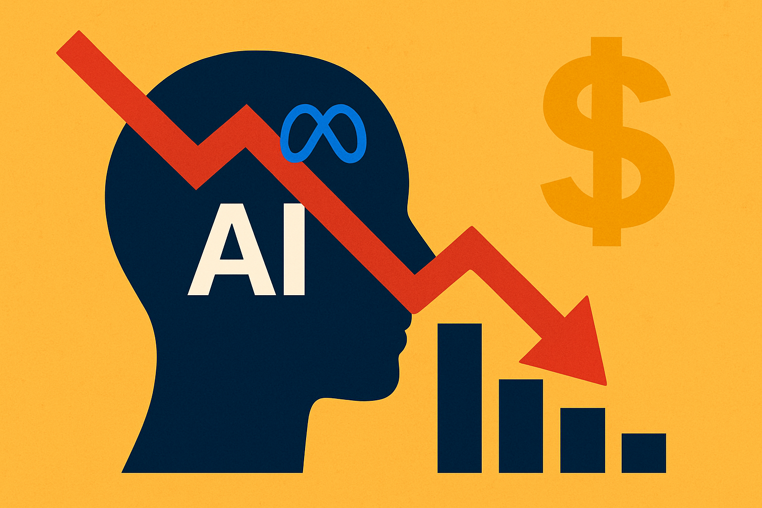 Illustration of a human head silhouette with AI letters inside, a red downward arrow crossing over declining bar charts, and a dollar sign symbolizing falling returns on AI investments.