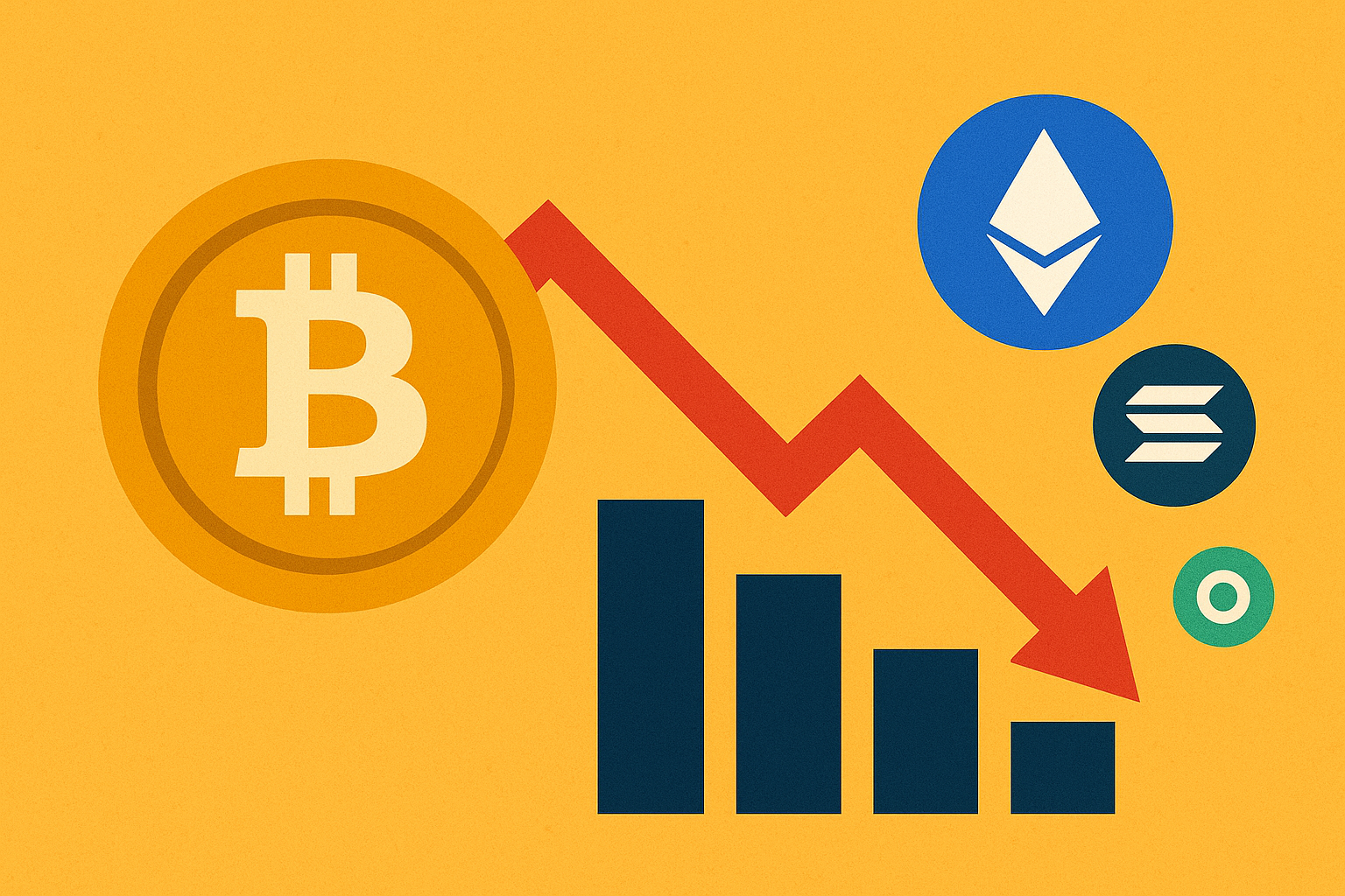 Illustration showing a large Bitcoin symbol with a red downward arrow leading toward smaller altcoin symbols such as Ethereum, Solana, and others, alongside a descending bar chart.