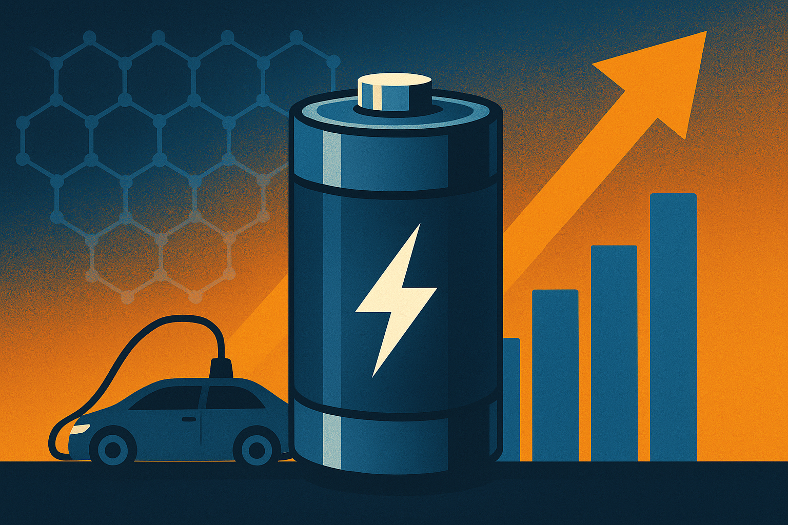 Illustration of a graphene battery with an electric vehicle charging, growth bars, and an upward arrow symbolizing market expansion.