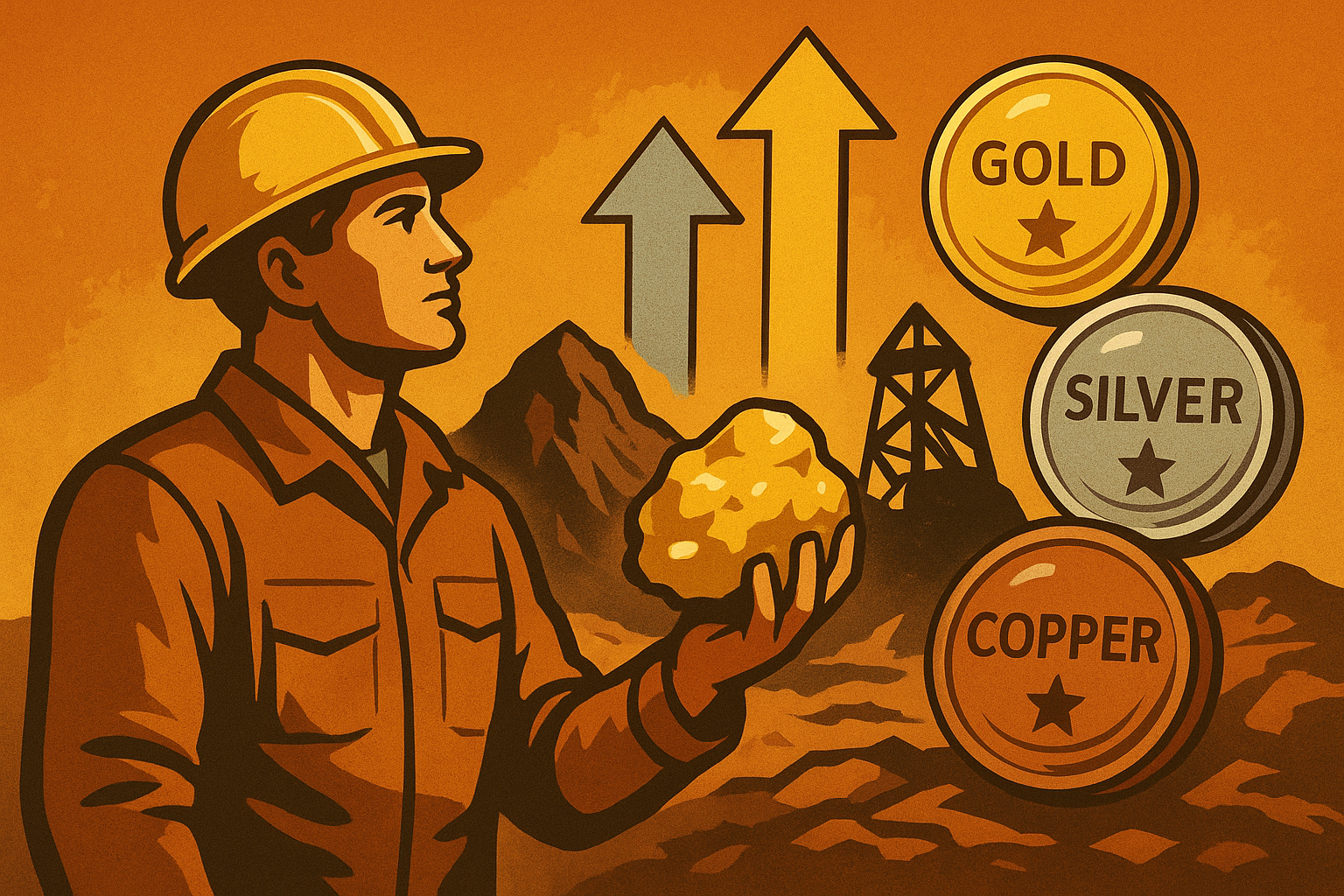 Illustration of a miner holding a large gold nugget with rising arrows and gold, silver, and copper symbols against a mountainous mining backdrop.