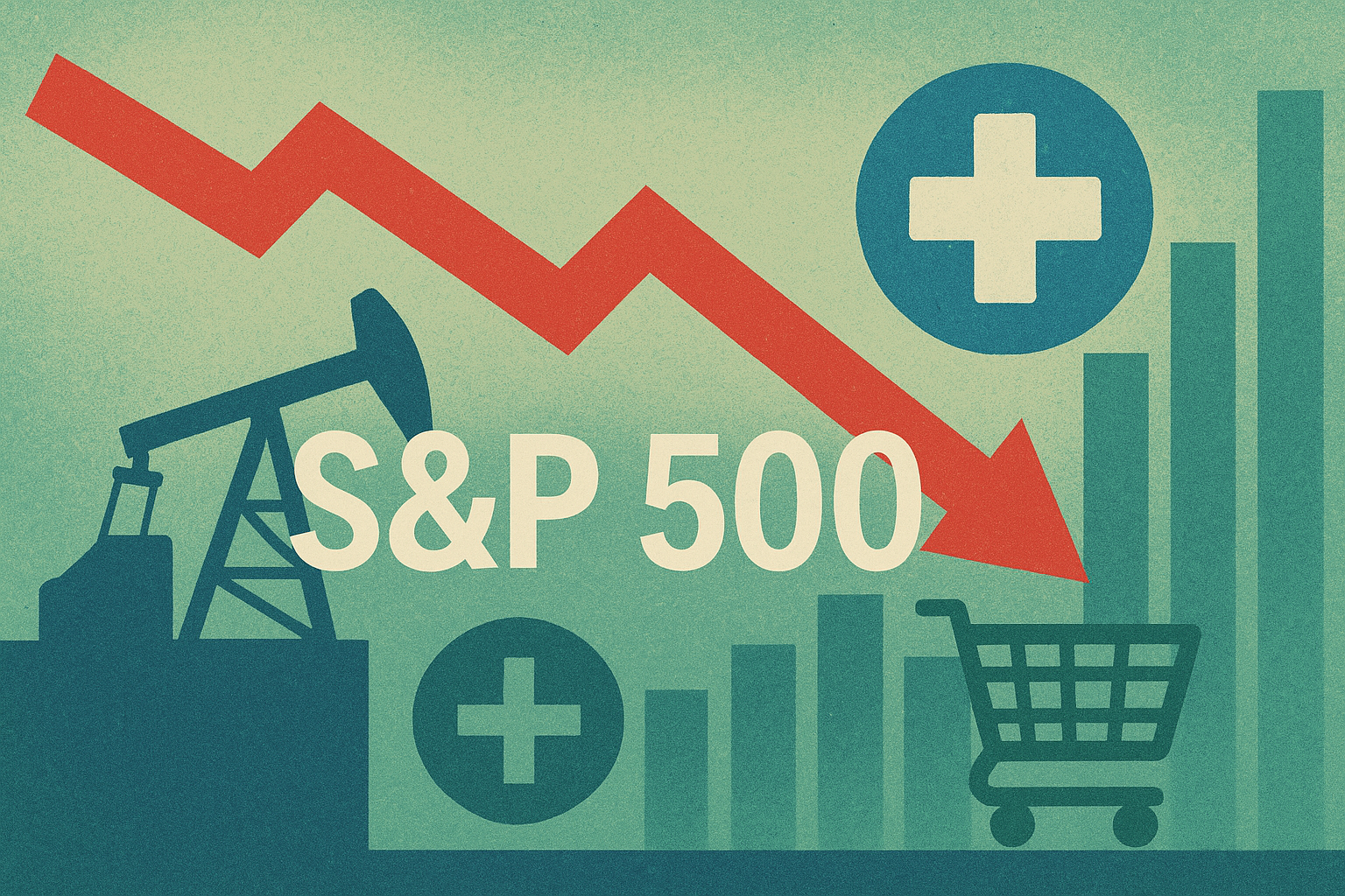Illustration showing a downward red arrow symbolizing the S&P 500 dip, alongside icons for energy, healthcare, and consumer staples.