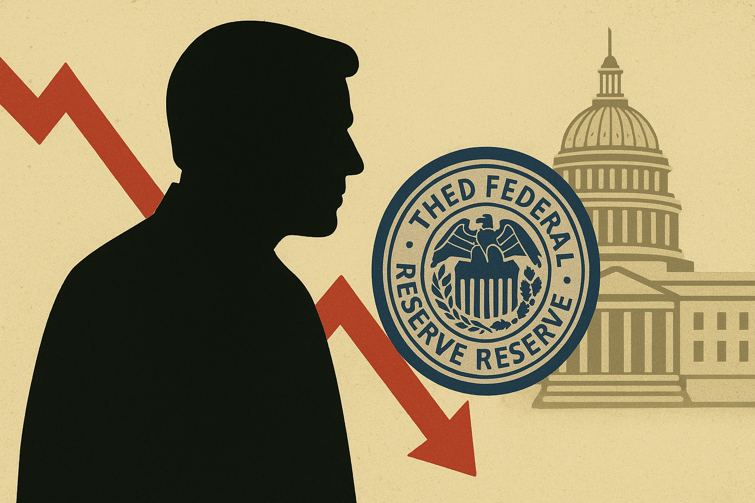 Abstract illustration of the U.S. Federal Reserve building surrounded by balancing scales and storm clouds, symbolizing political pressure and market uncertainty.