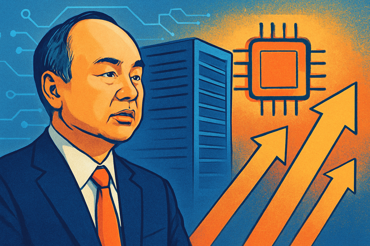 Illustration of Masayoshi Son with futuristic data center, microchip, and rising arrows symbolizing AI growth and investment.