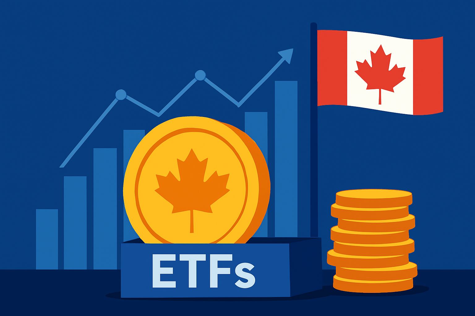 Symbolic illustration showing financial charts, Canadian maple leaves, and upward-trending bars representing new income-focused ETFs in Canada.