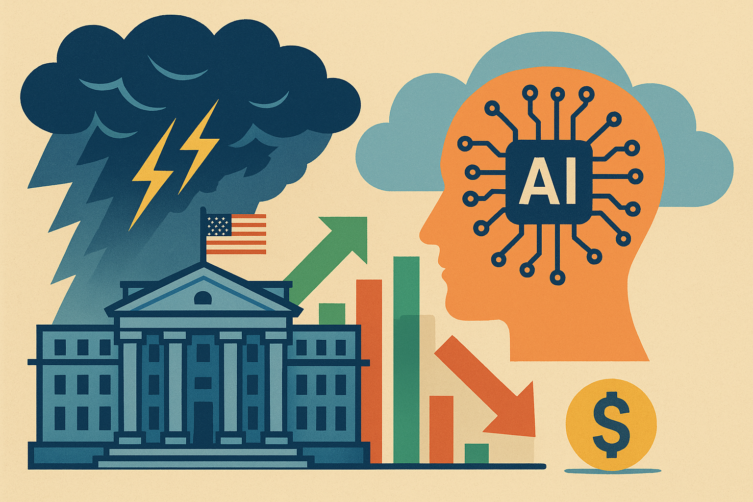 Illustration of the U.S. Federal Reserve building under storm clouds with lightning bolts, facing an AI head silhouette with circuitry, surrounded by stock market arrows and a dollar symbol.