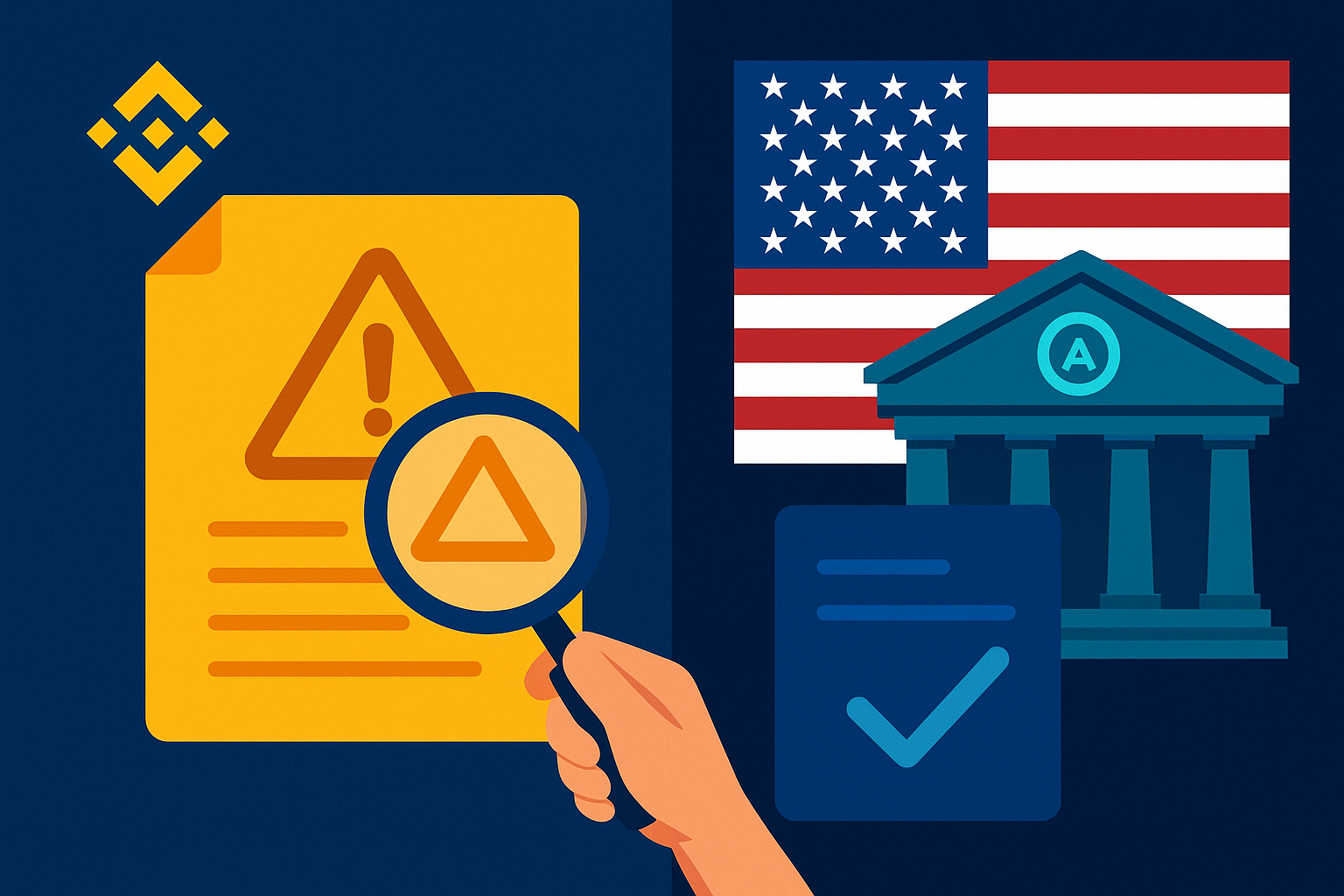 Illustration showing a regulatory warning for Binance Australia with a magnifying glass and U.S. crypto banking approval represented by a checkmark and government building.