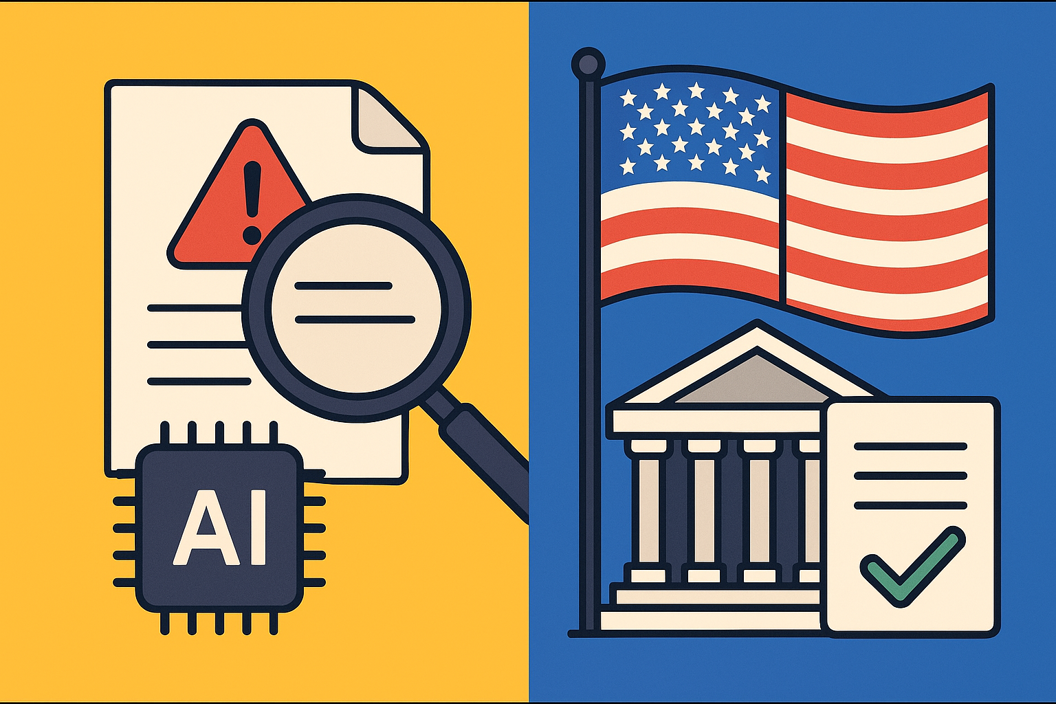 Illustration showing an AI chip with a warning sign under a magnifying glass on the left and a U.S. flag with a government building and approved document on the right.
