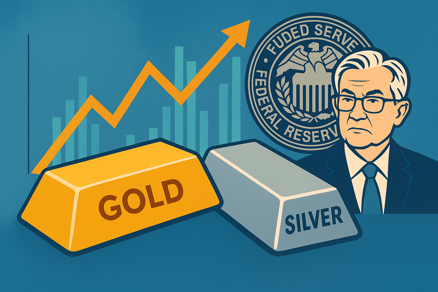 Illustration of gold and silver bars with a rising market graph, Federal Reserve emblem, and Jerome Powell in the background.