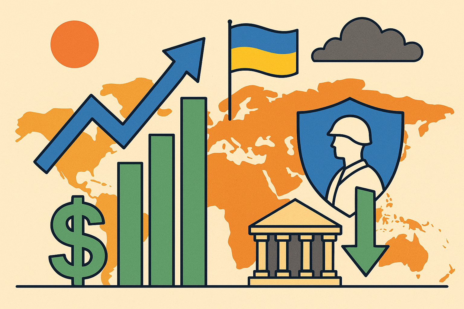 Illustrated chart showing rising M&A activity with dollar sign and growth bars, Ukraine flag, defense symbol with downward arrow, and global map in background.