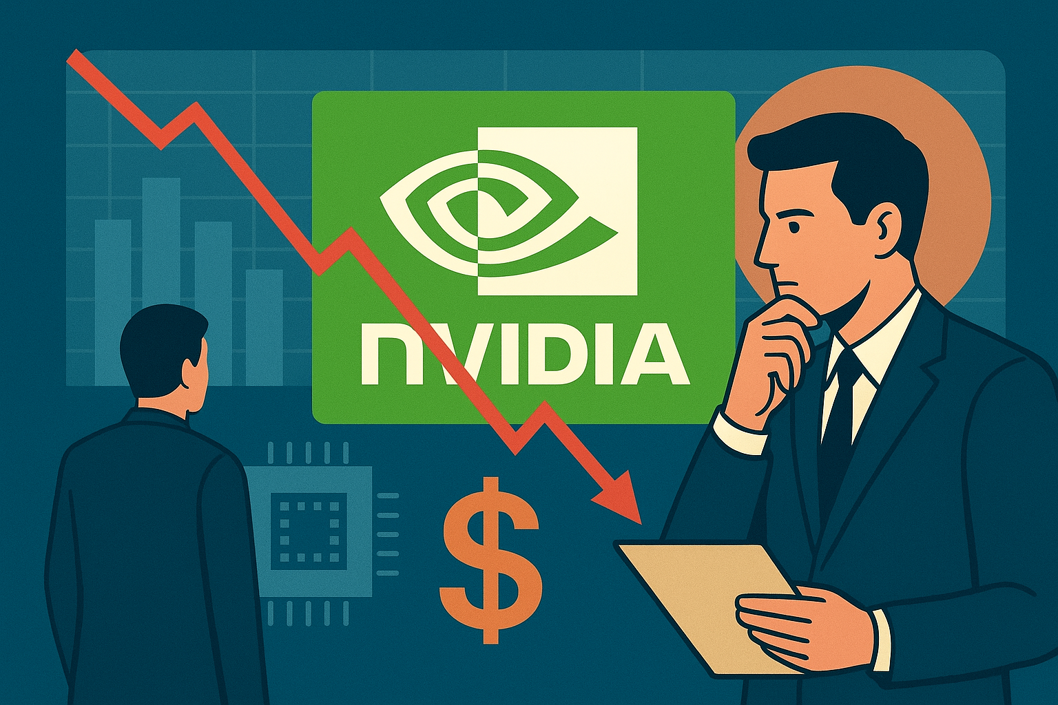 Illustration of Nvidia logo with investors analyzing stock charts, a falling red market line, and semiconductor imagery representing market uncertainty.