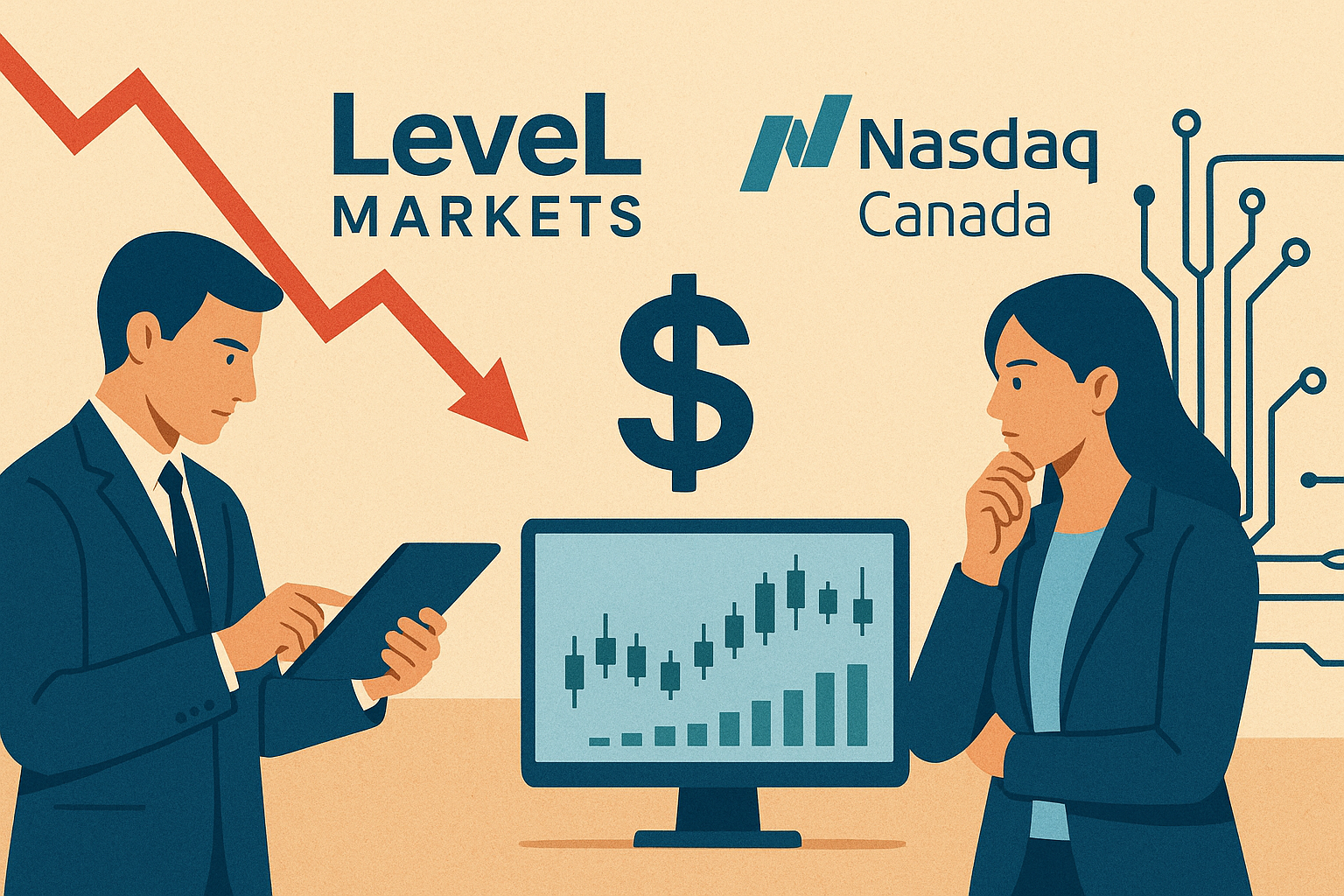 Illustration of two professionals analyzing stock market data with a candlestick chart, dollar symbol, and circuit board design, symbolizing trading connectivity between LeveL Markets and Nasdaq Canada.