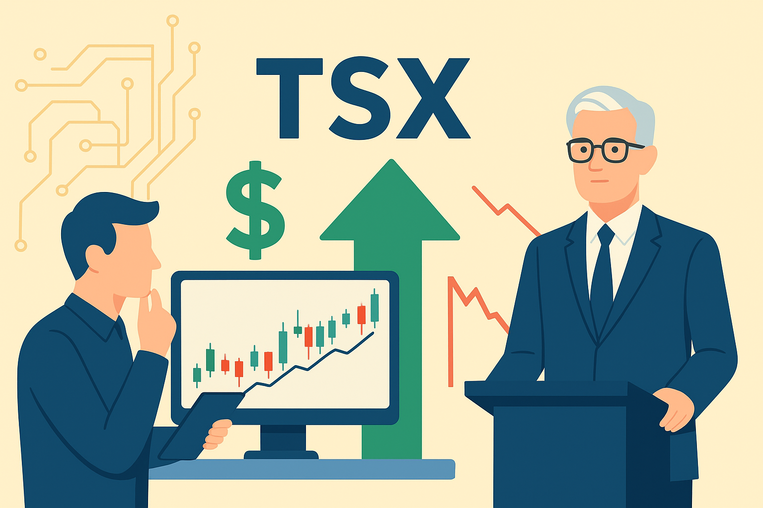 Illustration of a financial analyst watching candlestick charts on a monitor with an upward arrow and dollar sign, alongside Jerome Powell at a podium against a backdrop of rising and falling market graphs.