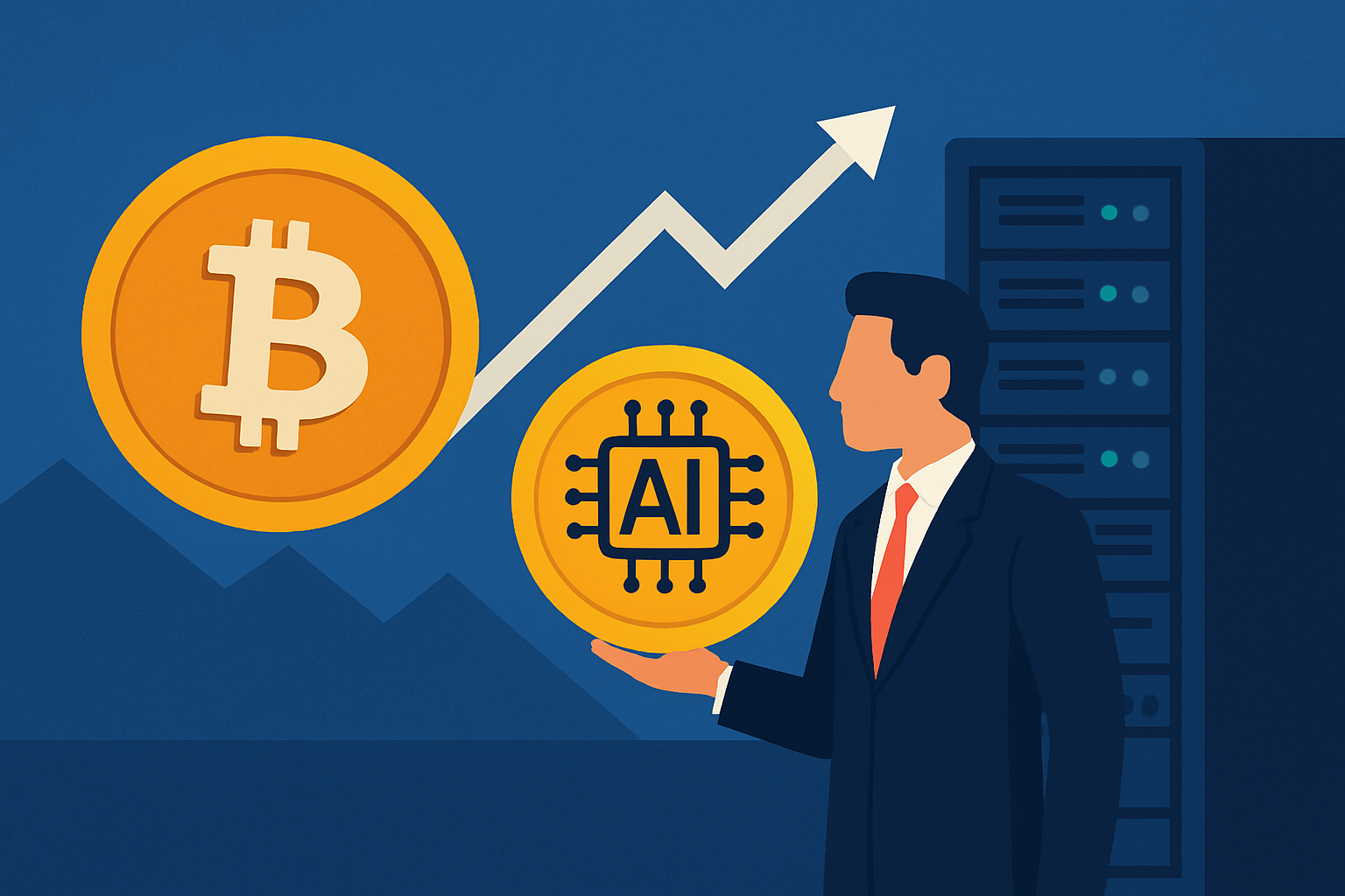 Illustration of Bitcoin and AI coin symbols with a businessman standing near data servers and an upward growth arrow.