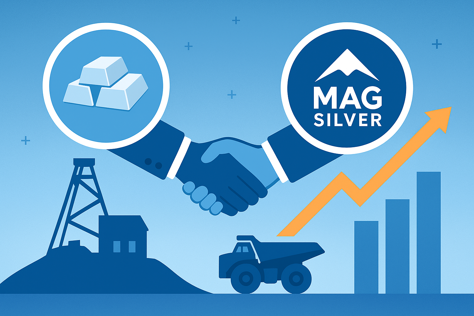 Vector-style digital illustration of metallic silver bars and abstract mining elements symbolizing consolidation in the mining industry.