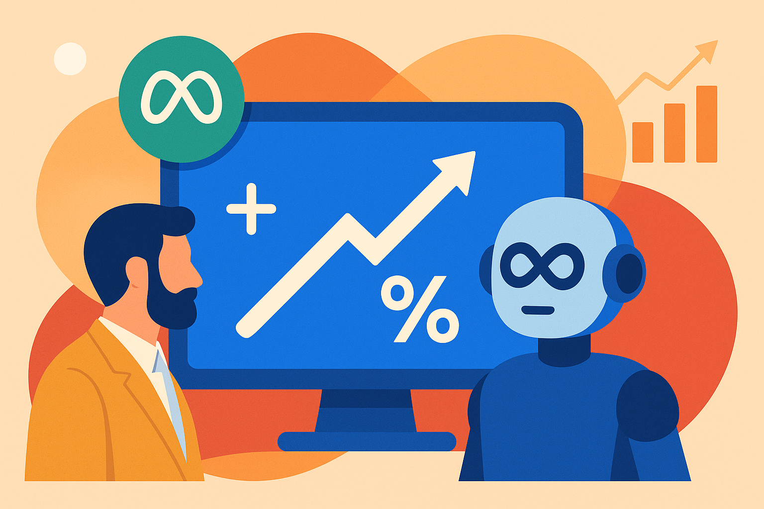 Illustration of a business professional and a robot with Meta’s logo, a rising chart, and financial growth symbols representing AI-driven advertising success.