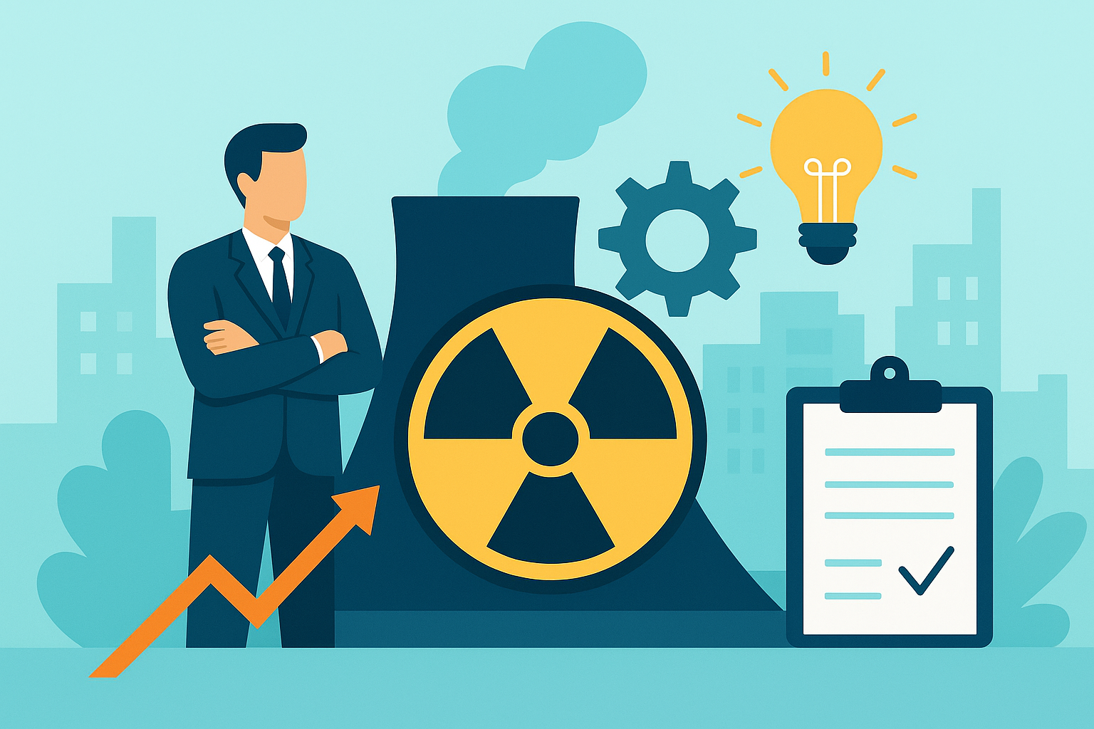 Illustration of a nuclear power plant with futuristic energy lines symbolizing technology and infrastructure growth.