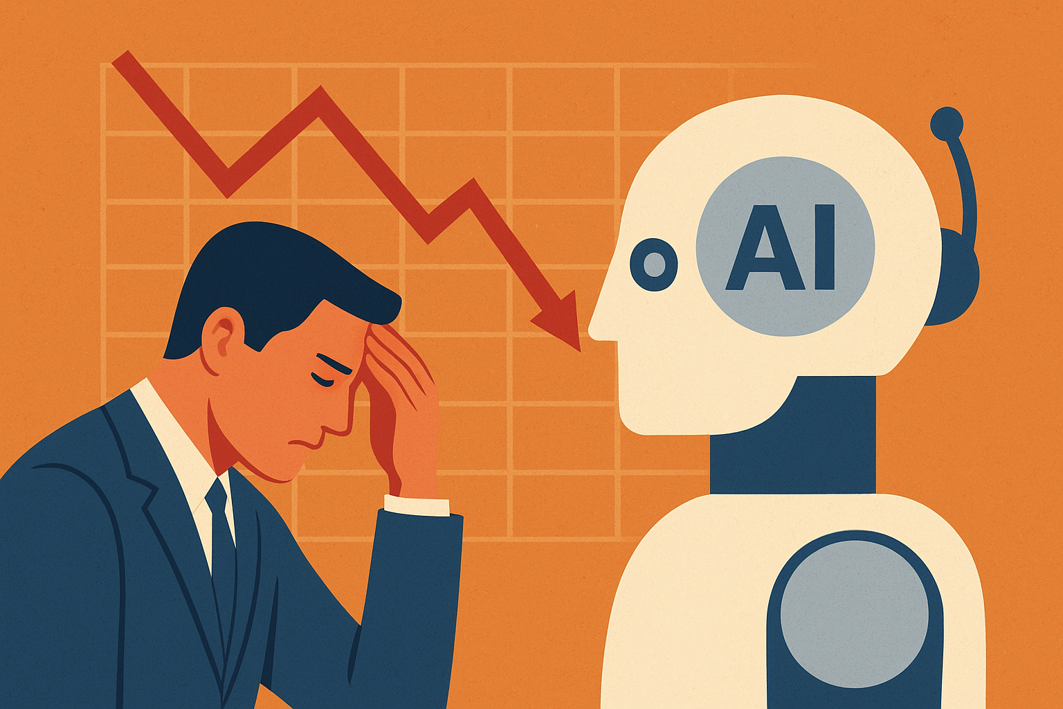 Illustration of a worried businessman facing an AI robot with a declining stock chart in the background.
