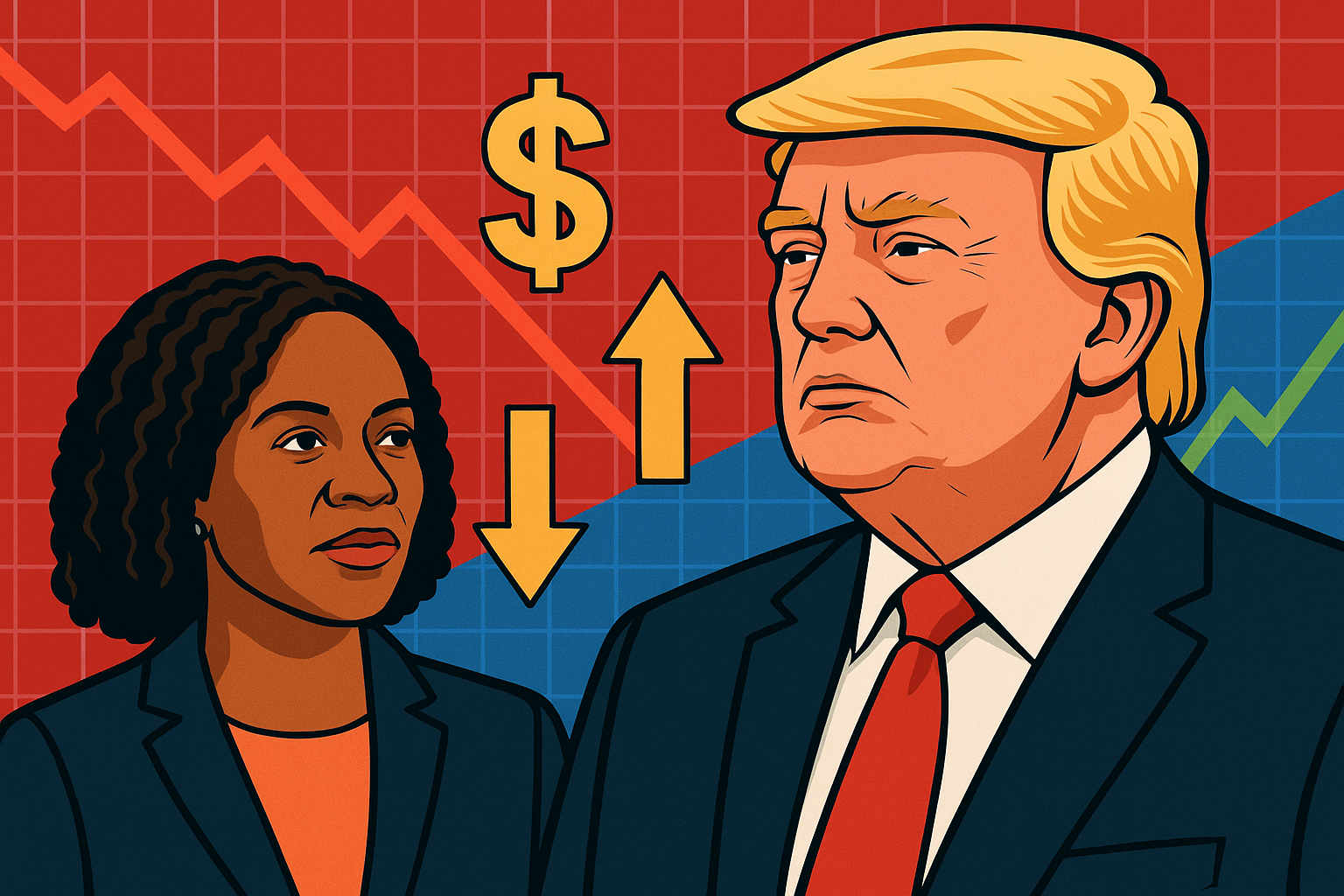 Illustration of Donald Trump and Fed Governor Lisa Cook with market decline and financial symbols.