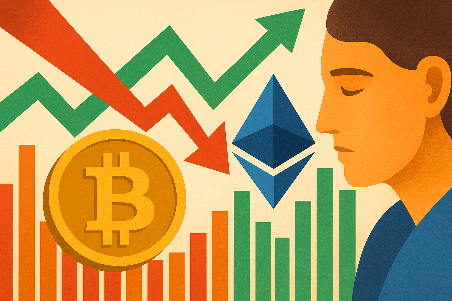 Illustration of Bitcoin symbol with downward red arrow and Ethereum symbol with upward green arrow, representing shifting crypto market trends.
