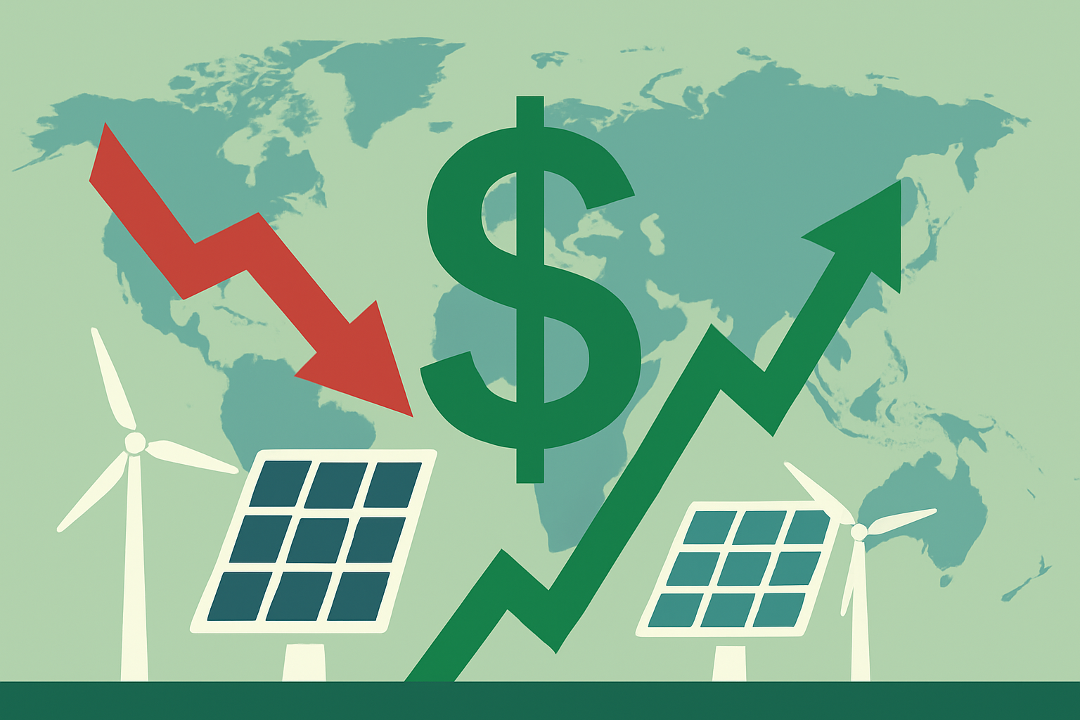 Illustrated renewable energy landscape with solar panels, wind turbines, and a fading U.S. flag in the background representing policy pullback.