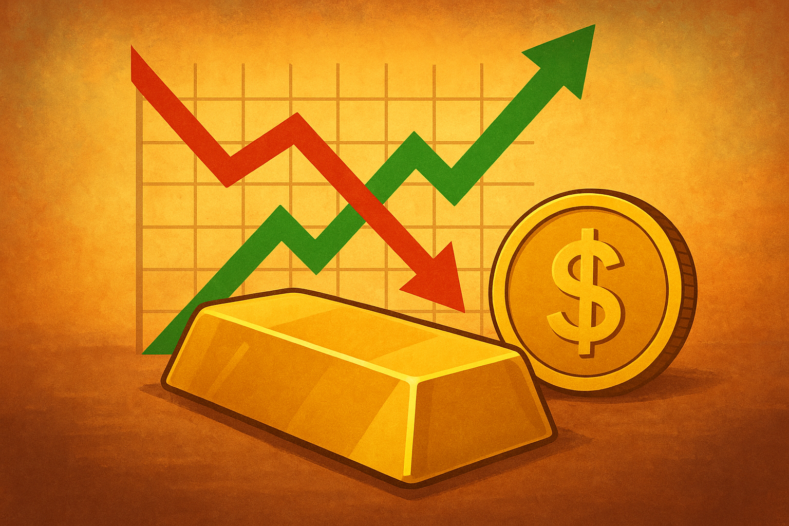 A digital illustration of a large gold bar surrounded by financial graphs and market indicators symbolizing rising prices.