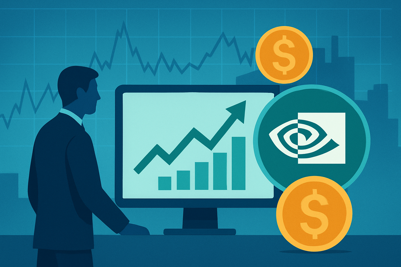 Illustration of an investor watching a computer screen displaying a rising stock chart, with Nvidia’s logo and dollar symbols representing financial growth.