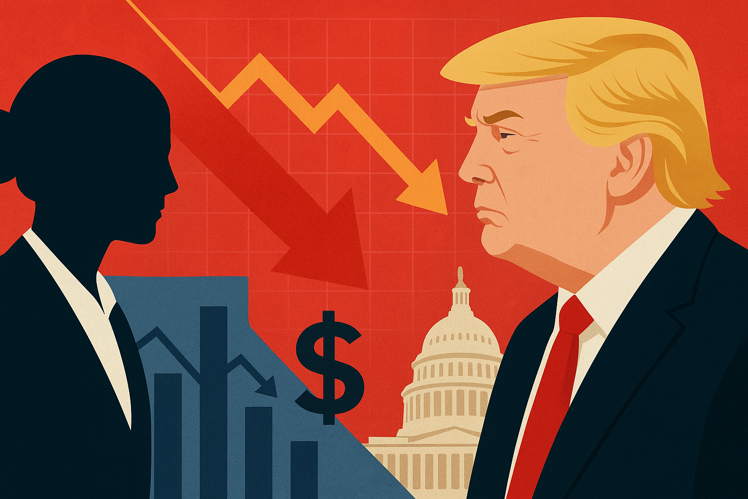 Illustration showing Donald Trump facing a female silhouette symbolizing a dismissed Fed governor, with red downward arrows, stock charts, dollar sign, and U.S. Capitol backdrop.