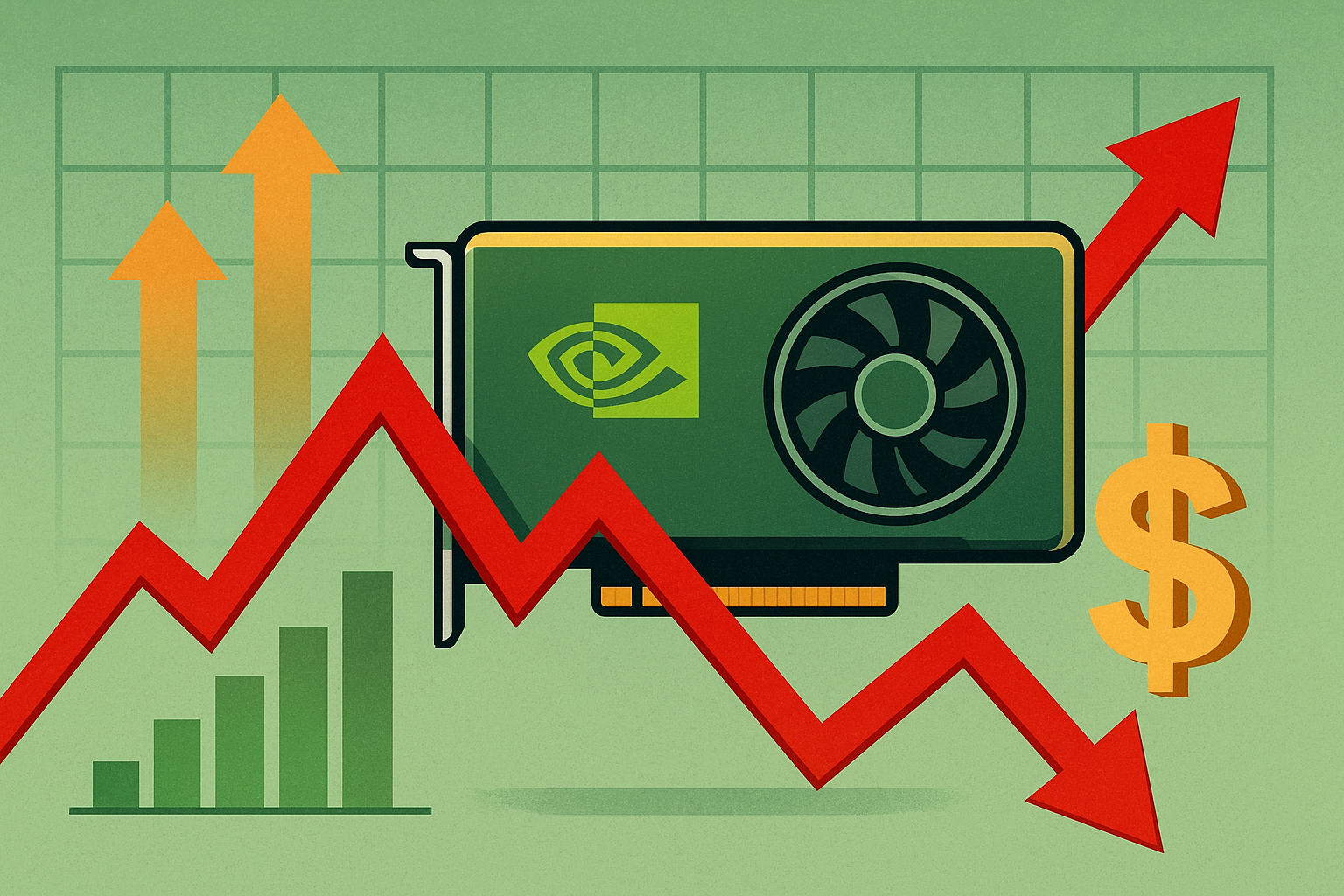 Illustration of an Nvidia GPU card with red and green market trend lines, upward arrows, bar charts, and a golden dollar sign, symbolizing financial volatility and tech earnings.