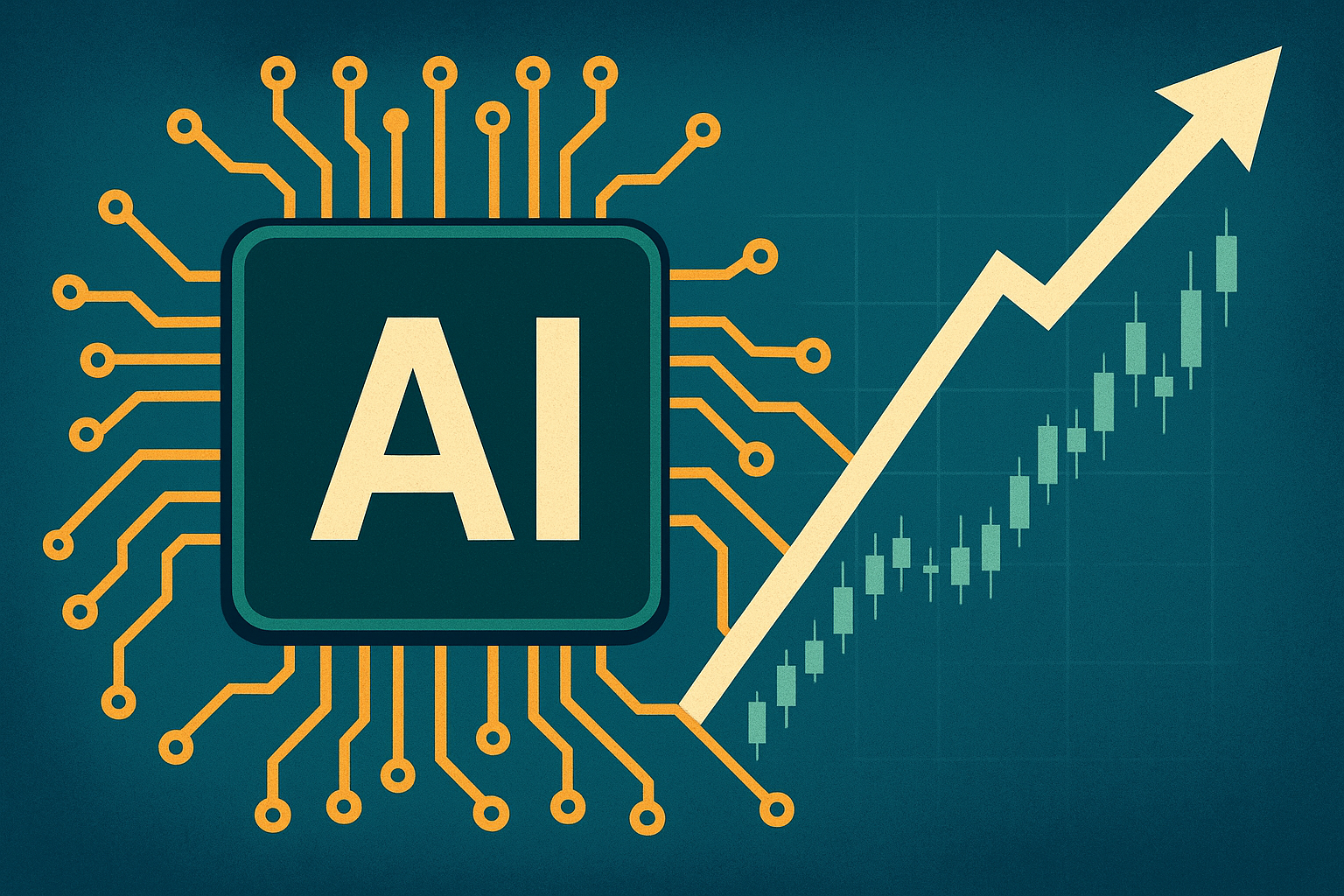 Illustration of a microchip with AI circuitry connected to a rising financial chart arrow.