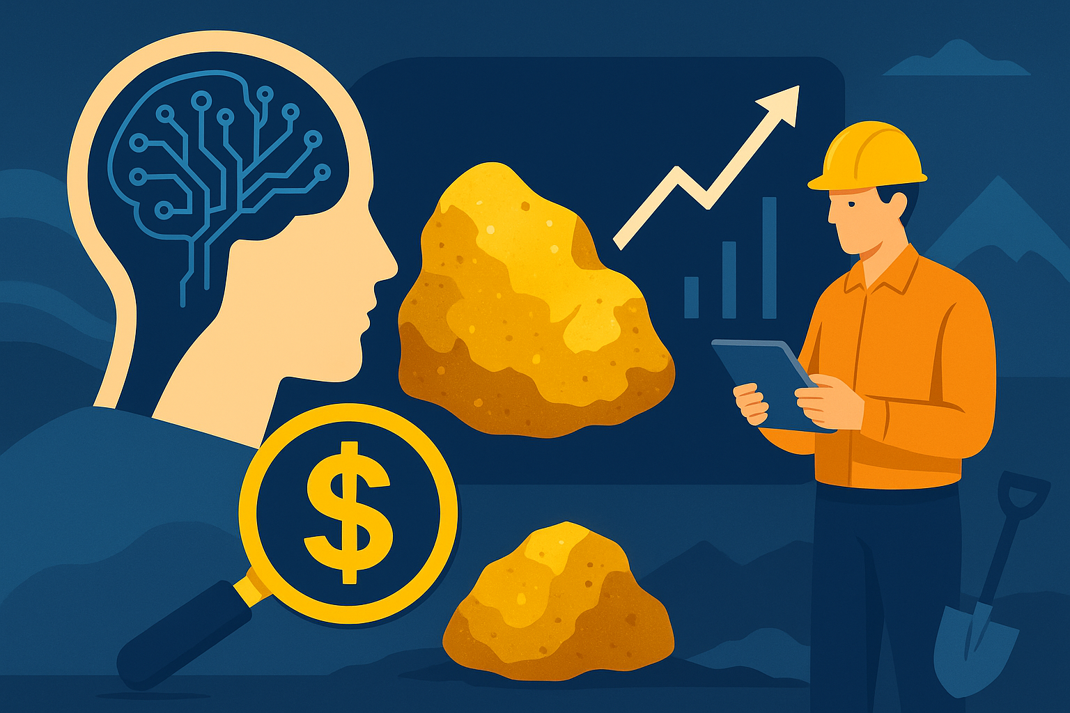 Illustration of AI and mining integration, showing a geologist with a tablet, a gold nugget, a neural network in a human silhouette, and an upward-trending chart.