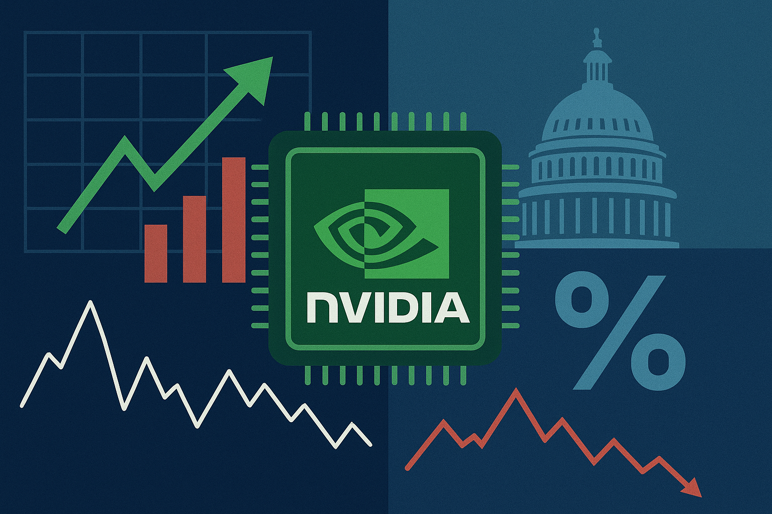 Illustration of Nvidia chip surrounded by stock market charts, U.S. Capitol, and interest rate symbol representing market volatility and policy shifts.