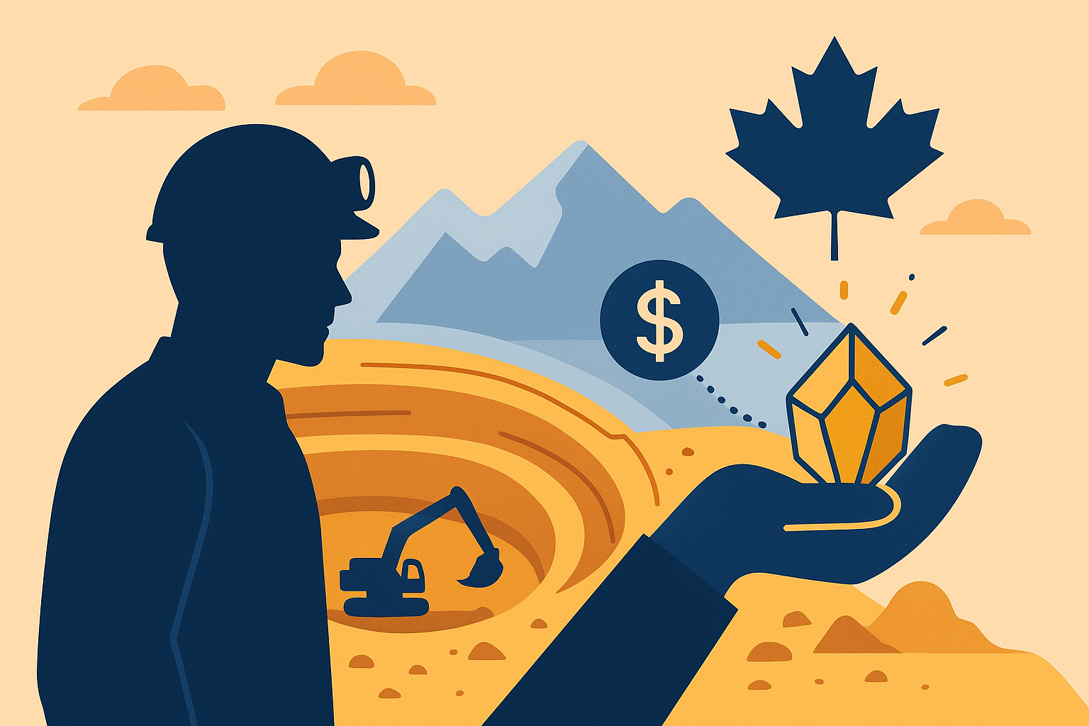 Illustration of miners extracting rare earth minerals with Canadian and allied flags symbolizing international cooperation.