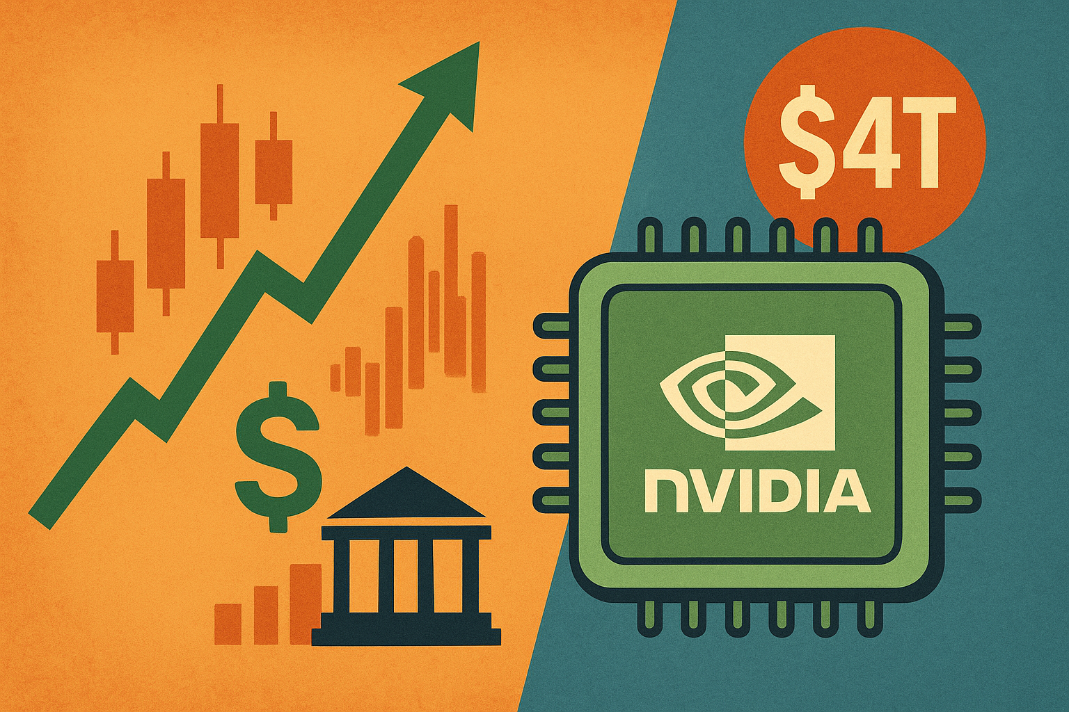 Illustration showing Nvidia’s logo on a microchip alongside financial charts, a dollar symbol, and an upward arrow symbolizing market growth.