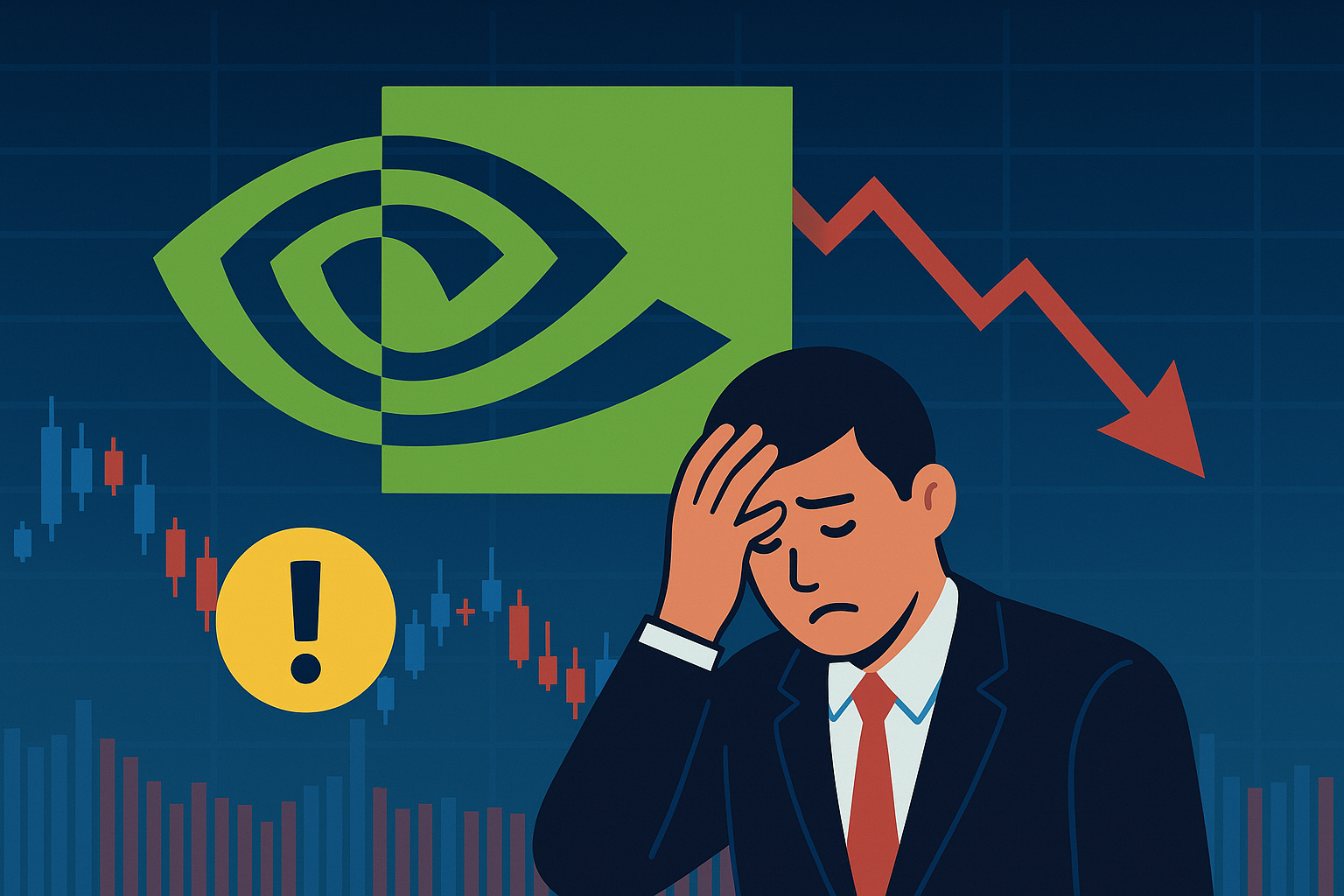 Illustration of Nvidia logo with a downward stock chart, a worried investor, and warning symbol representing market concerns.