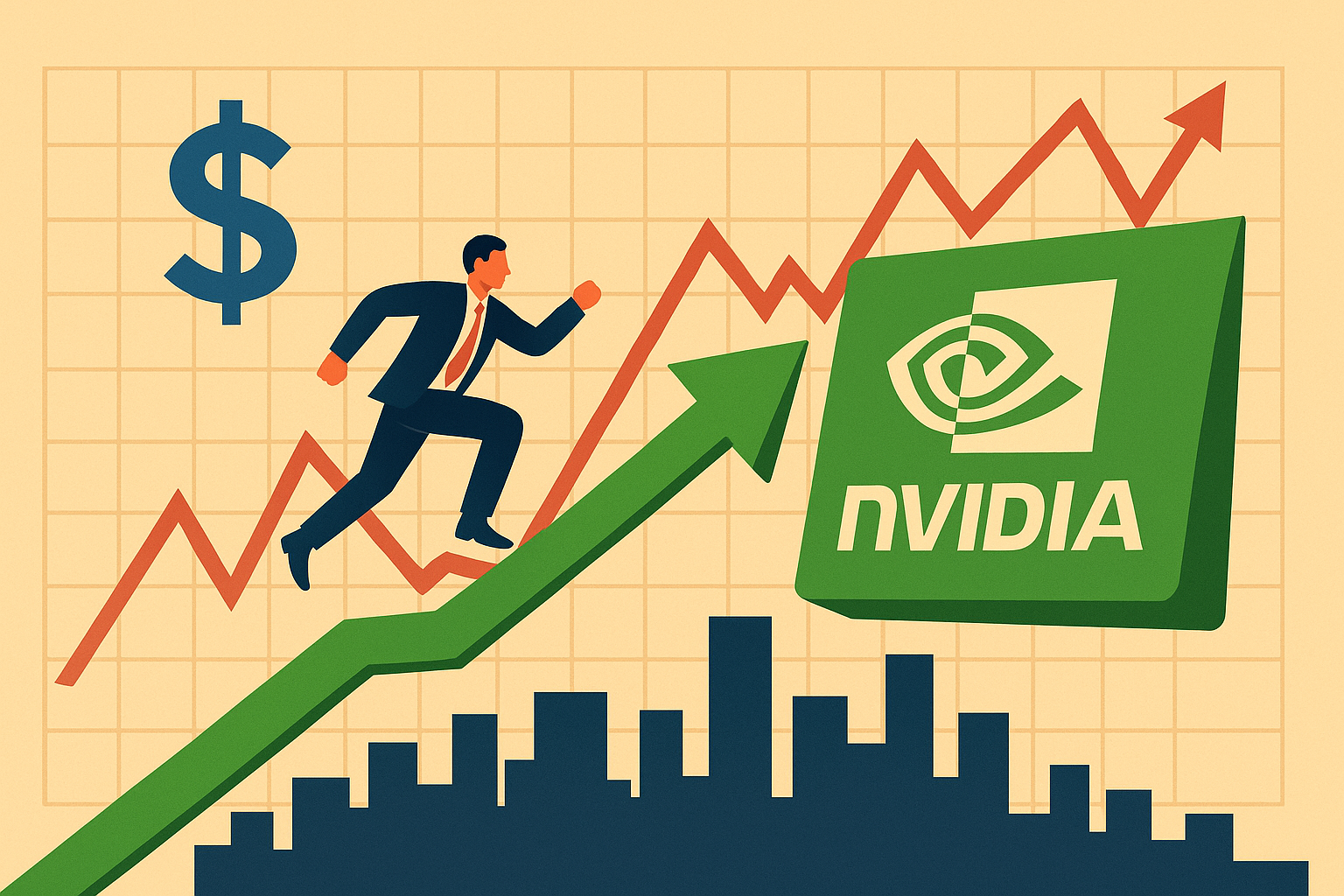 Illustration of a businessman running up a green arrow toward the Nvidia logo, with stock charts and a dollar sign in the background.