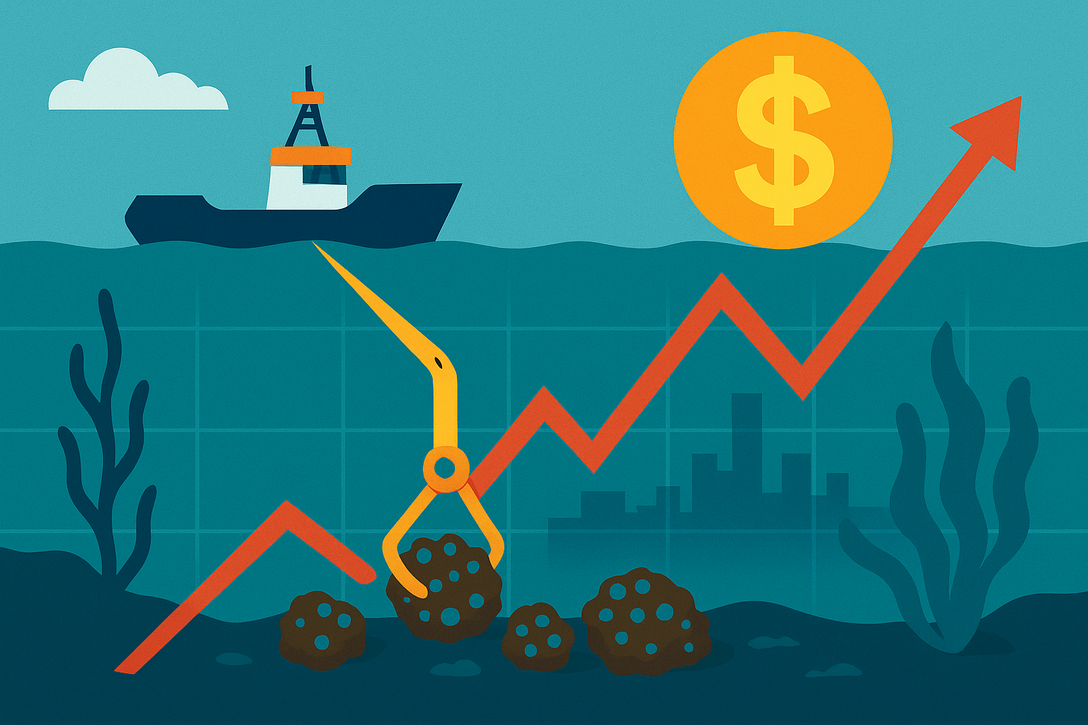 Illustration of a ship on the ocean surface with a mechanical arm collecting polymetallic nodules from the seabed, alongside an upward-trending red graph and a dollar sign.