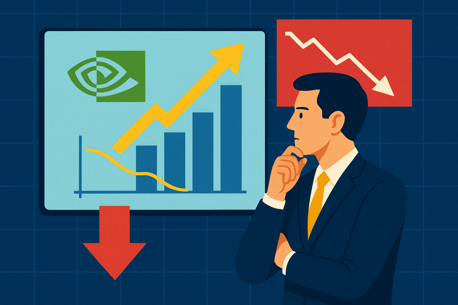 An investor in a suit analyzes charts showing Nvidia’s mixed stock performance, with both upward and downward market trends illustrated.