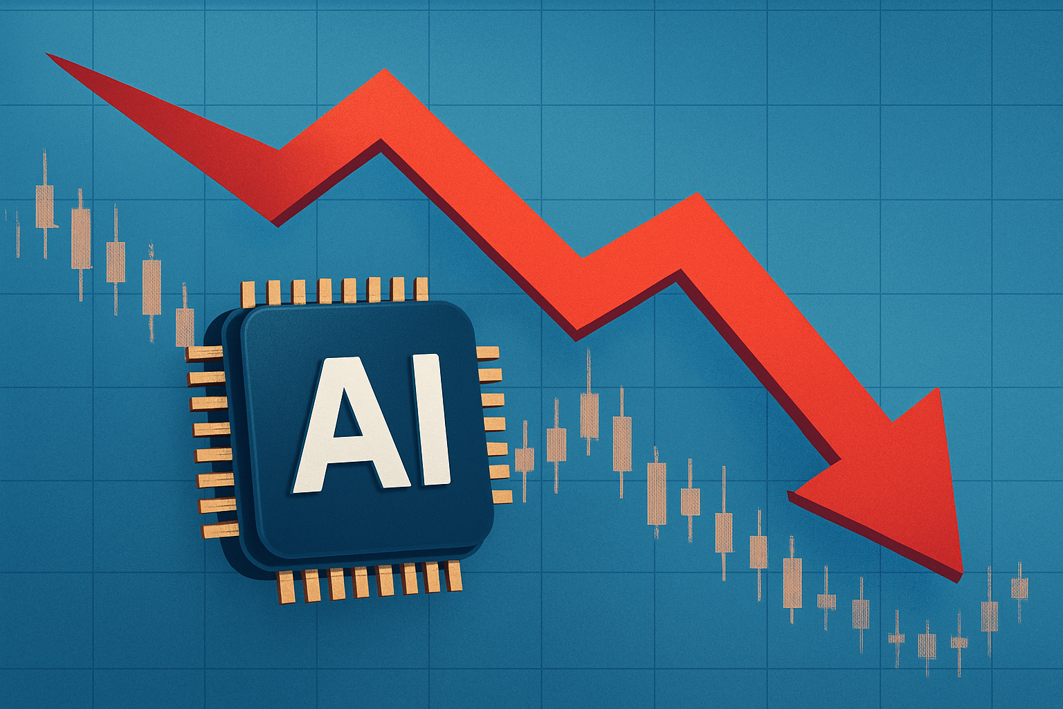 Illustration of a downward red arrow over a stock chart with an AI microchip, symbolizing falling demand for AI chips.