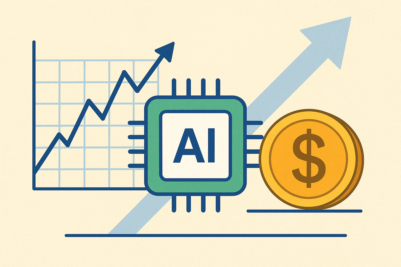 Illustration of a rising stock chart, AI microchip, and dollar coin representing the connection between technology, financial markets, and growth.