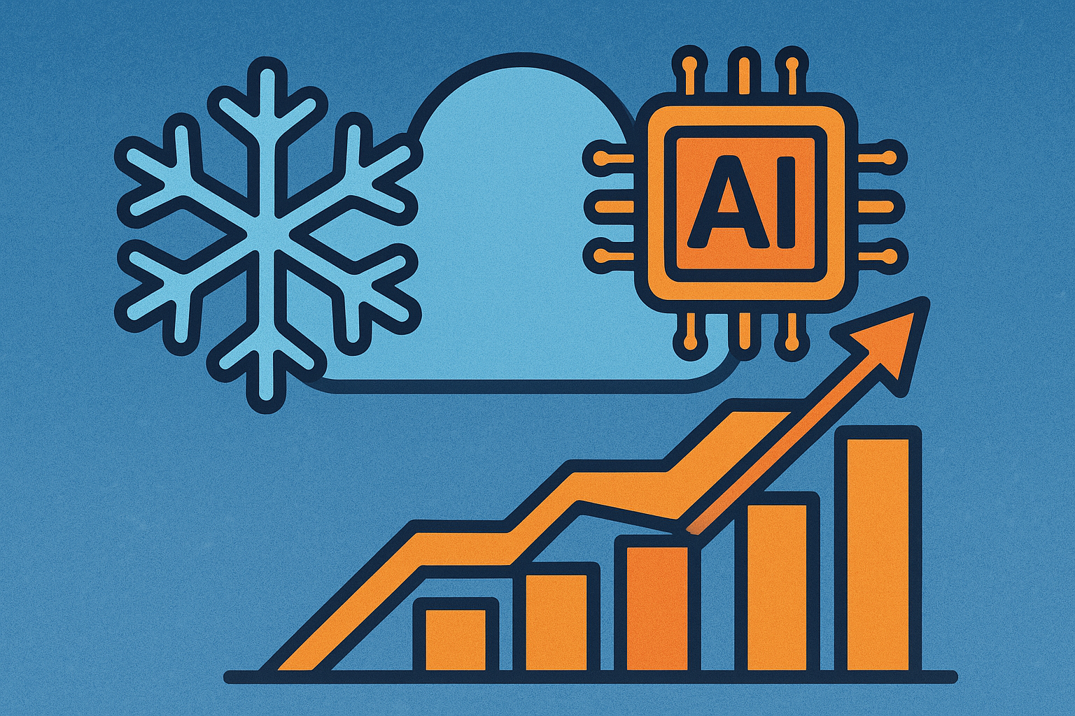 Illustration showing a snowflake, cloud, AI microchip, and rising bar chart symbolizing Snowflake’s stock surge and investor interest in cloud and AI ETFs.