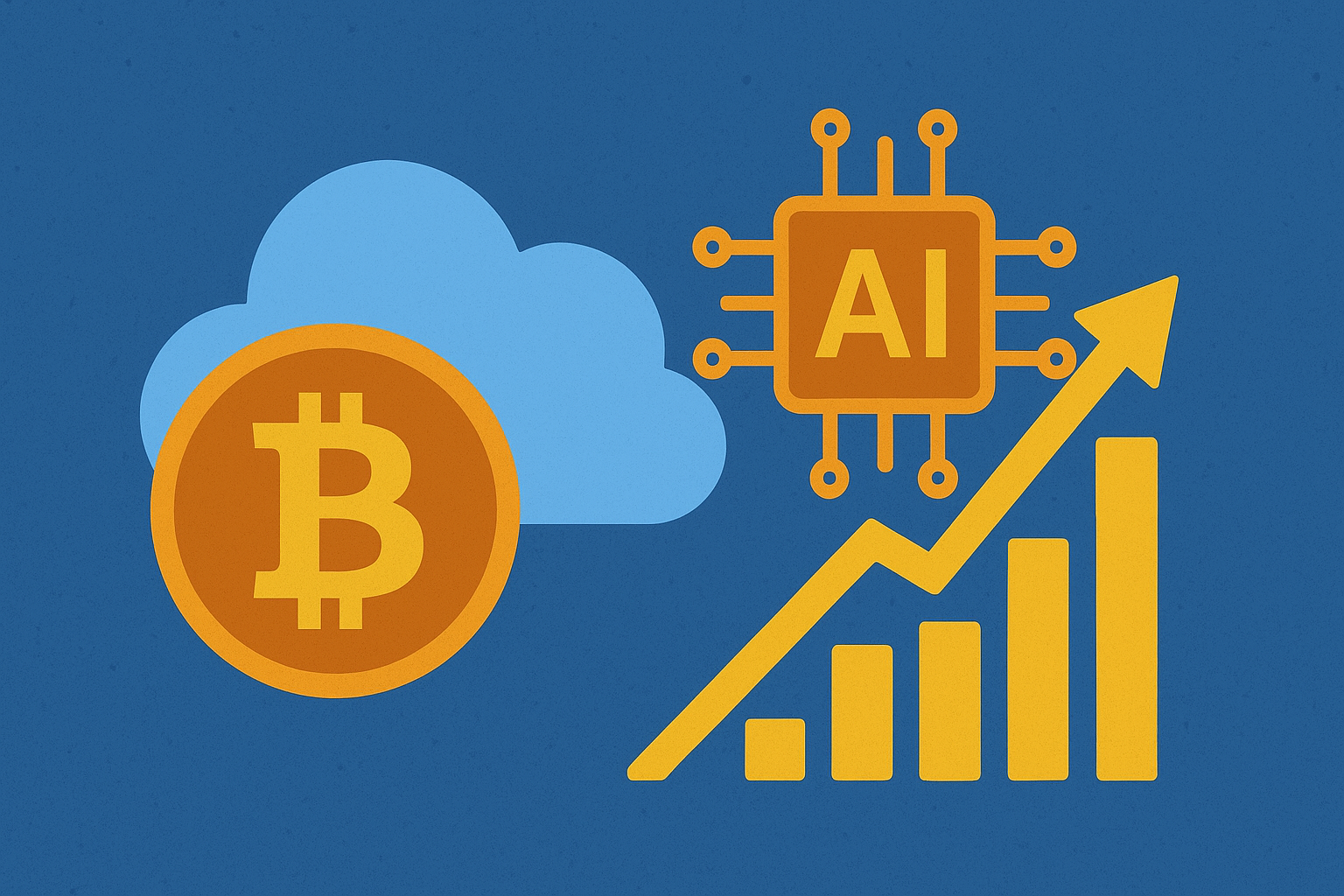 Flat-style illustration showing a Bitcoin symbol, a cloud, an AI microchip, and an upward-trending bar chart, symbolizing Bitcoin consolidation, Ethereum ETF momentum, and cautious investor sentiment.
