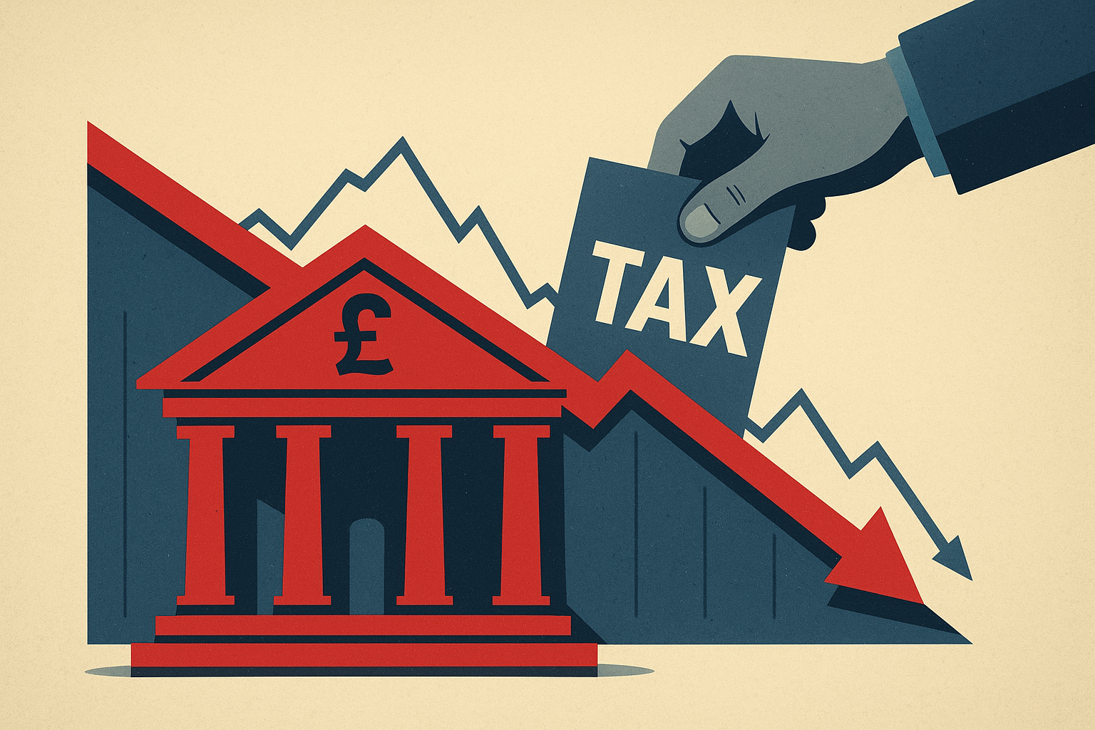 Illustration of a red bank building with a pound symbol, a downward arrow representing falling stock prices, and a hand holding a tax document.
