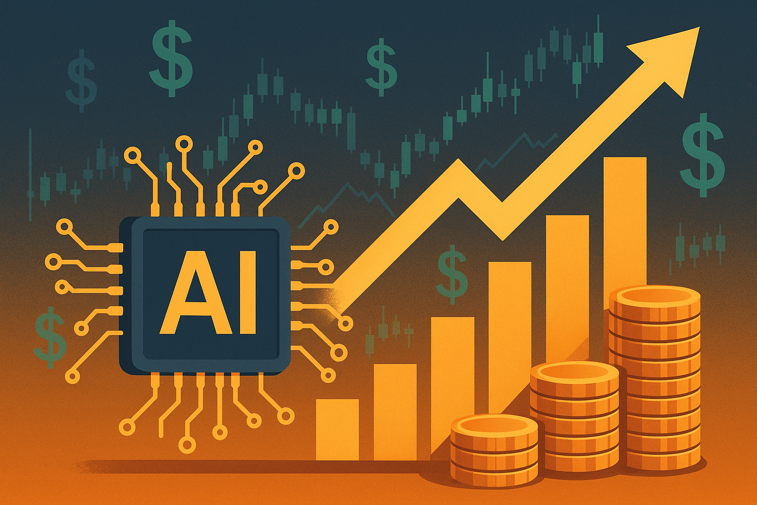 Illustration of an AI microchip connected to a rising bar chart and gold coins, symbolizing financial growth and tech investment.