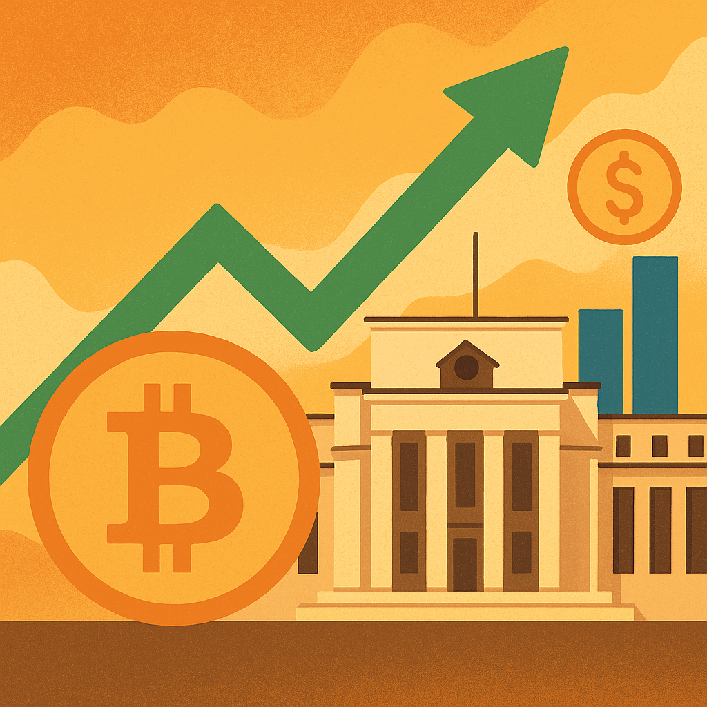 Illustrated image featuring a Bitcoin symbol, a green upward arrow, the U.S. Federal Reserve building, and financial bar charts, symbolizing crypto market growth.