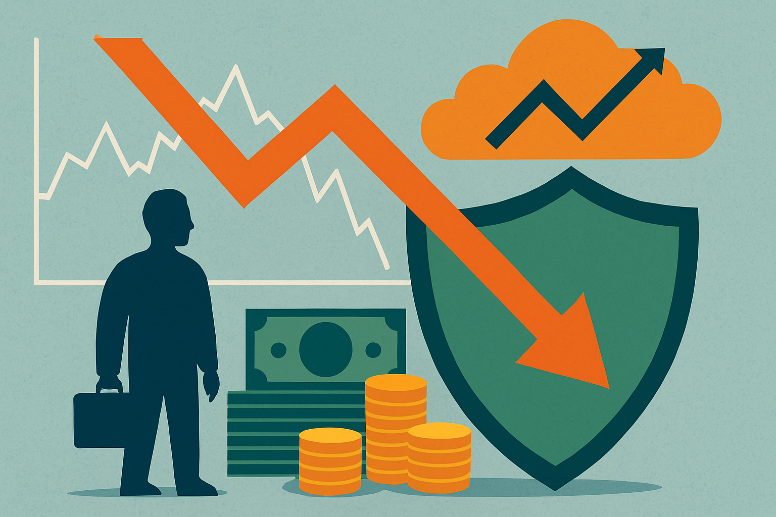 Illustration of an investor standing beside a shield deflecting a falling market arrow, symbolizing protection against financial losses.