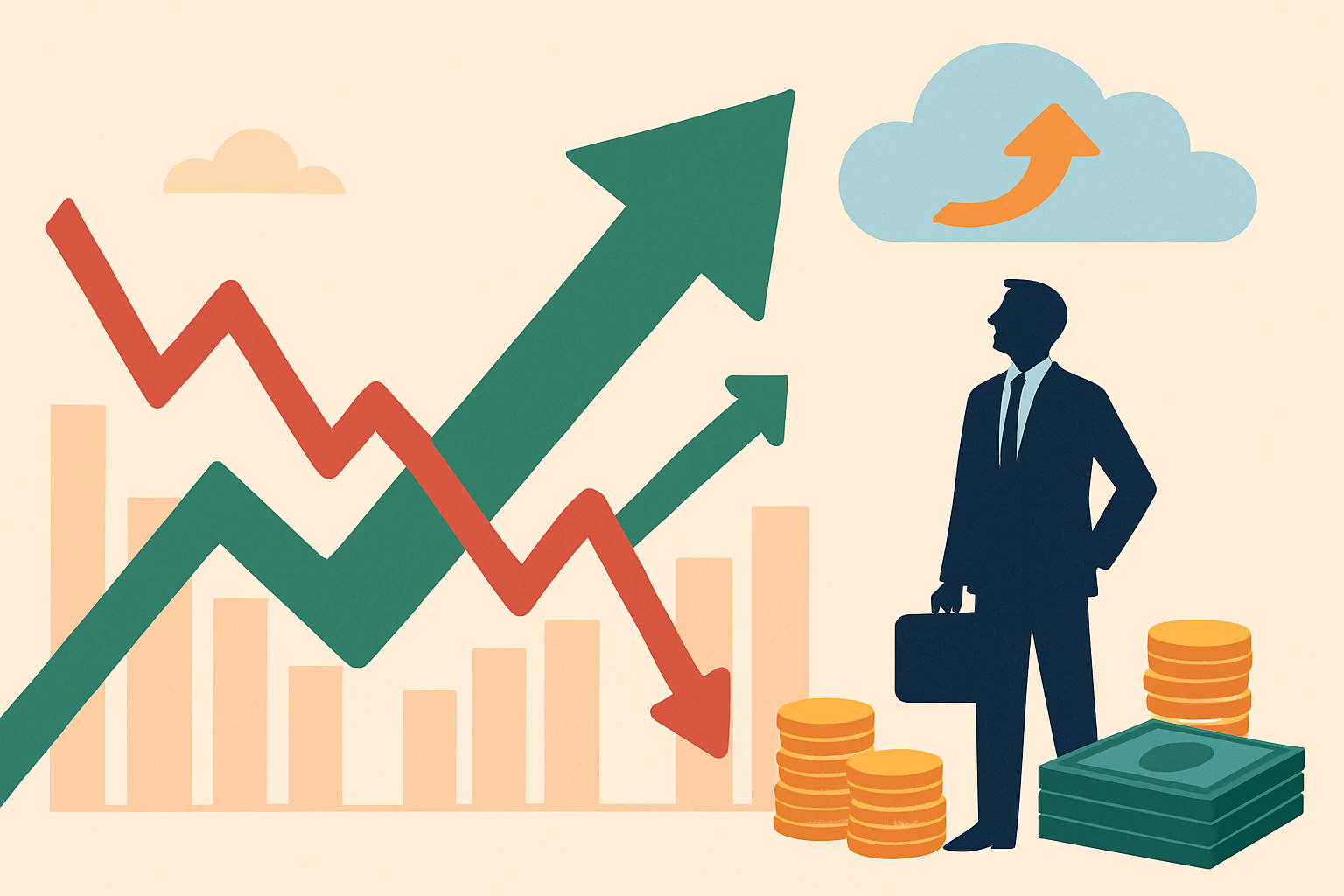 Illustration of an investor standing beside rising green arrows and falling red lines, symbolizing market rebound and monetary policy shifts.